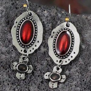 Silver Vintage Oval Drop Dangle Red Stone Cross Earrings - NEW